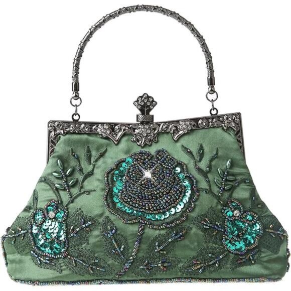 Handbags - Womens Floral Beaded Rhinestone Embroidery Clutch Green